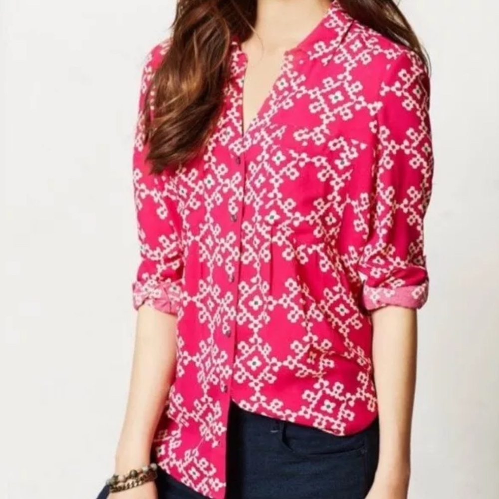 Maeve Anthropologie Pink Floral Geo Printed Button Up Blouse Size 2